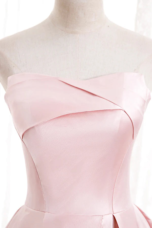 Wholesale Pink Satin Long Prom Dress with Pearls Pink Strapless Evening Dress